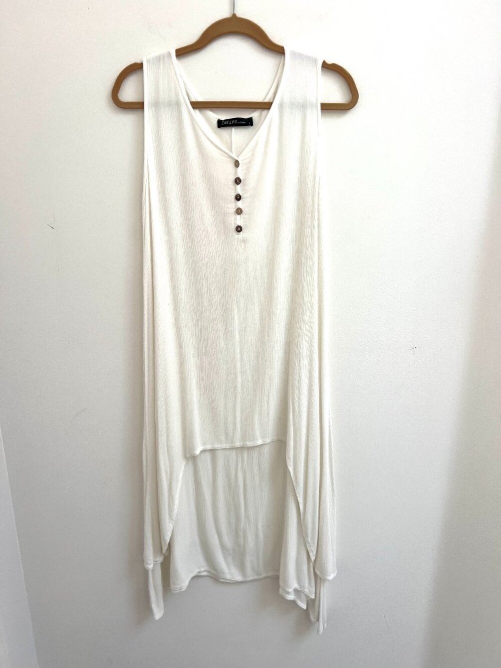 Zanzea White Crinkle Gauze Faux Wood Button Asymmetric High Low Tunic Dress L